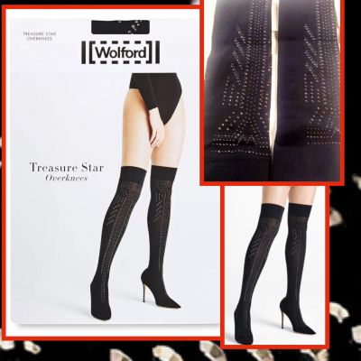 $190 New WOLFORD TREASURE STAR 1500 Rhinestone Overknees Socks Tights Black M